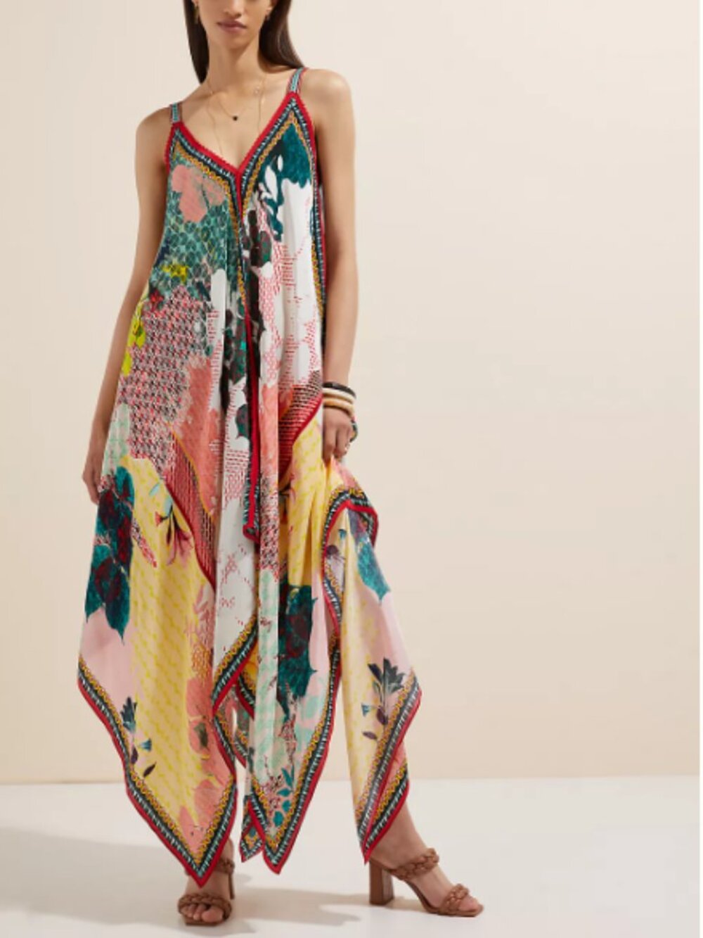 Anthropologie Bhanuni by Jyoti Floral Contrast Maxi Dress Handkerchief Sz Small